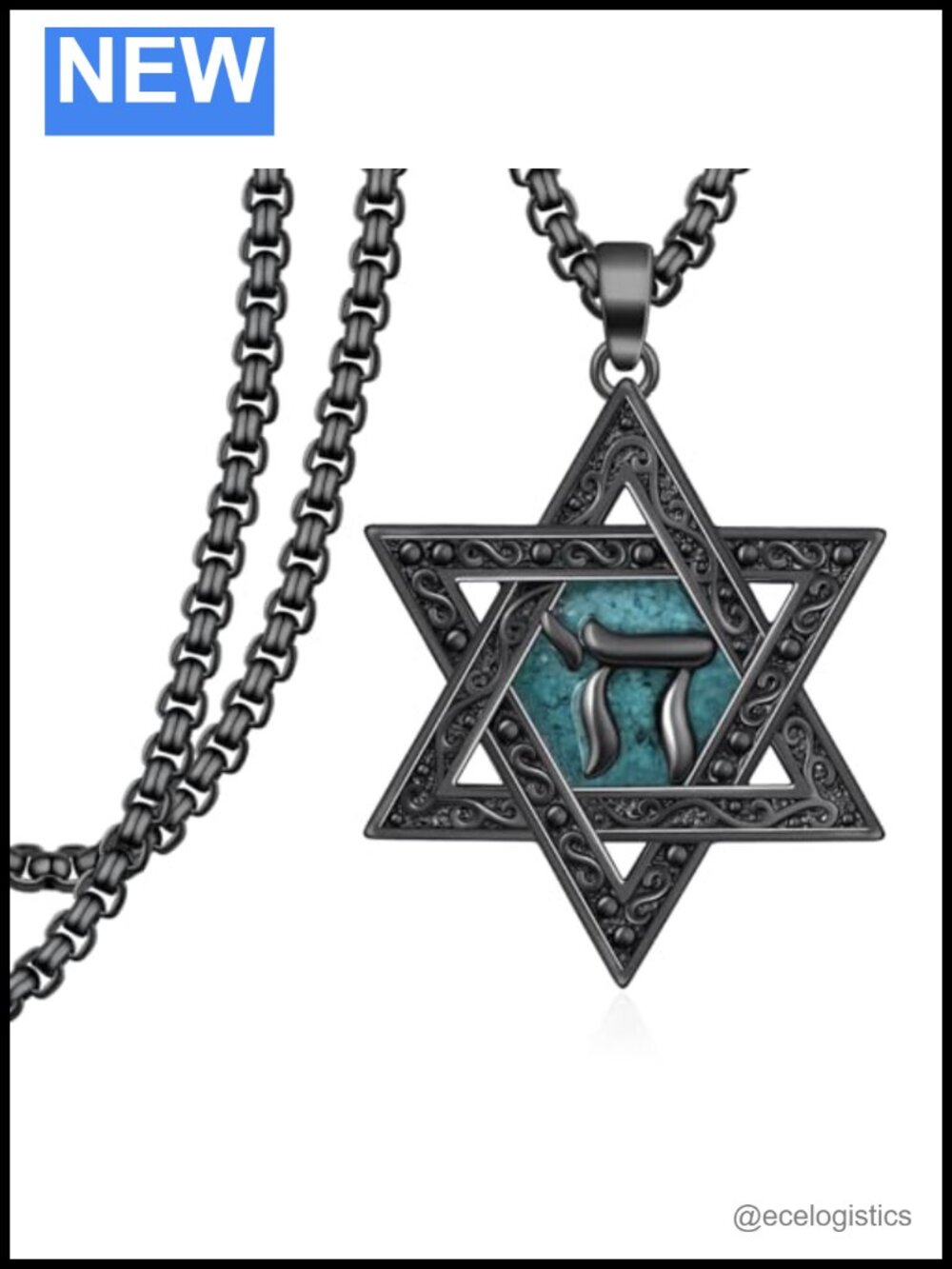 925 Sterling Silver Star of David Necklace with Chai and Turquoise Pendant